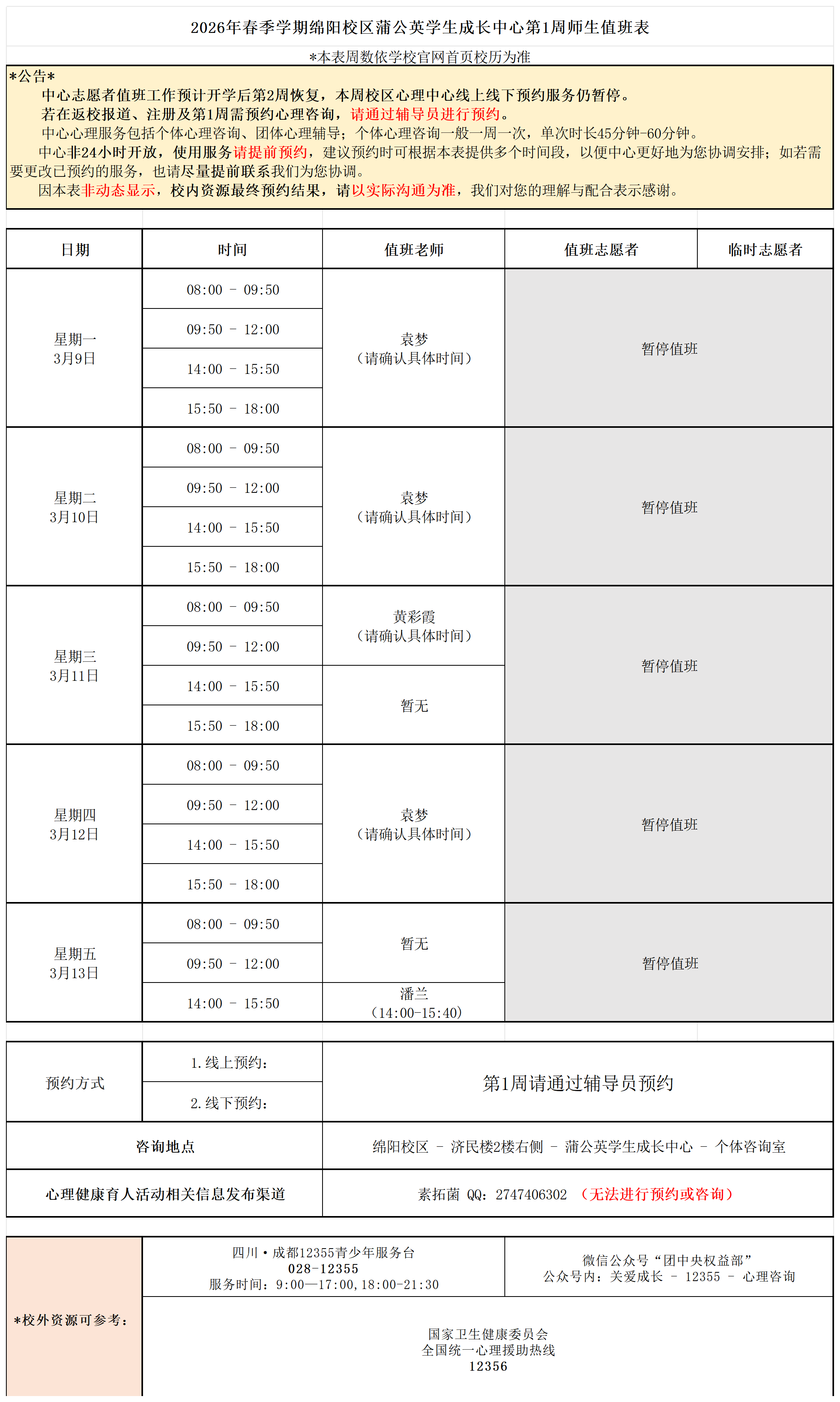 蒲公英学生成长中心2026年春季学期第1周师生值班表_Sheet1.png