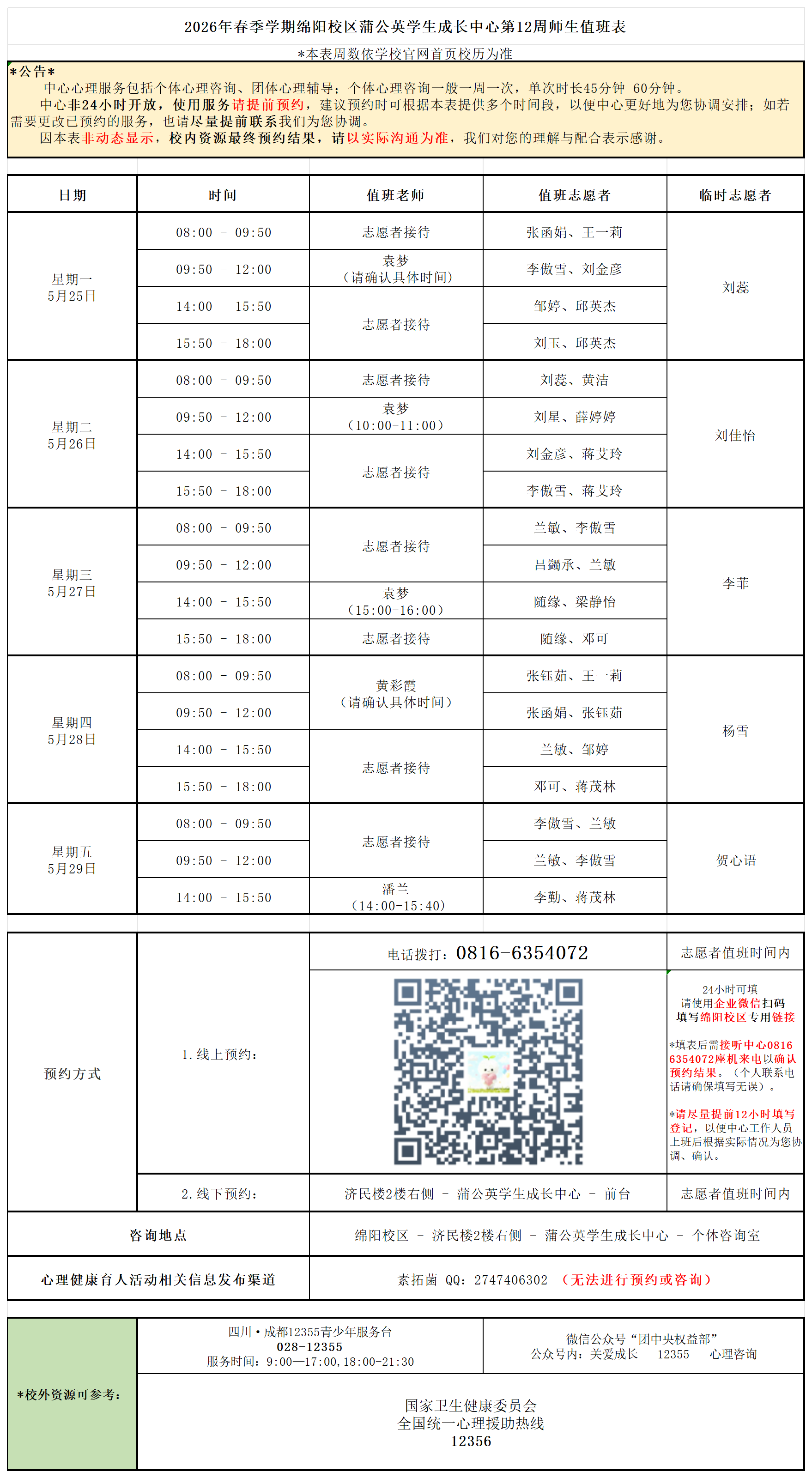 蒲公英学生成长中心2026年春季学期第12周师生值班表_Sheet1.png