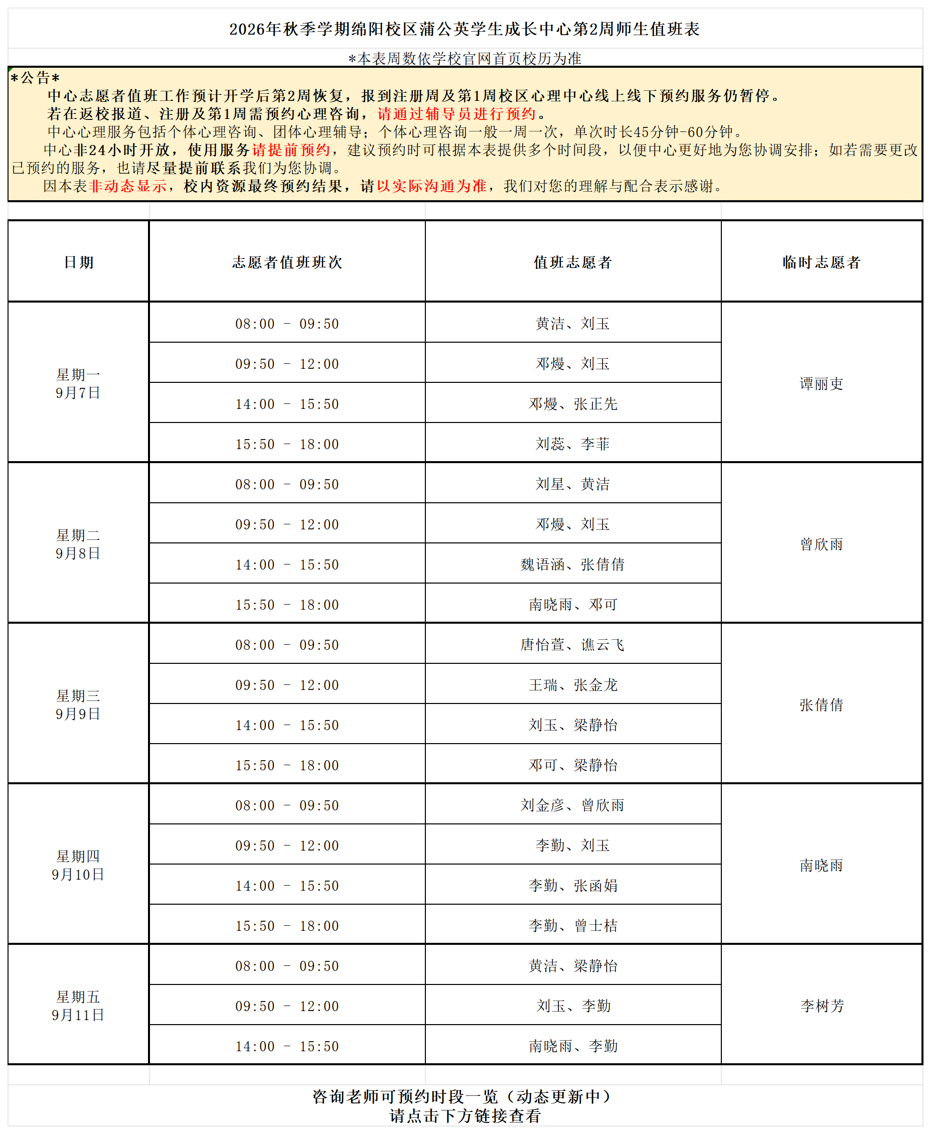 蒲公英学生成长中心2026年秋季学期第2周师生值班表_Sheet1.png